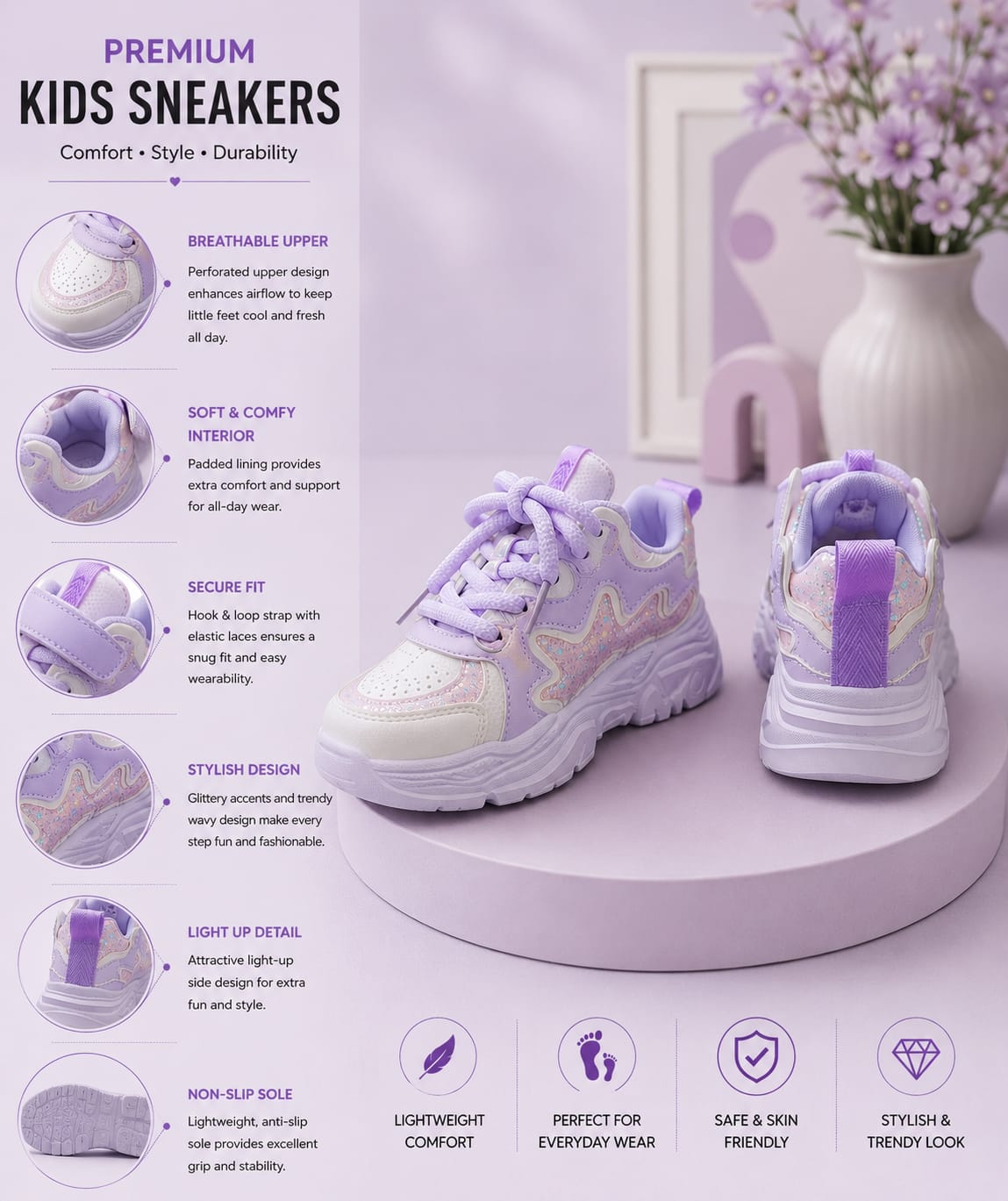 Girls Glitter Chunky Sneakers | Premium Casual Sports Shoes (EU 26–37)