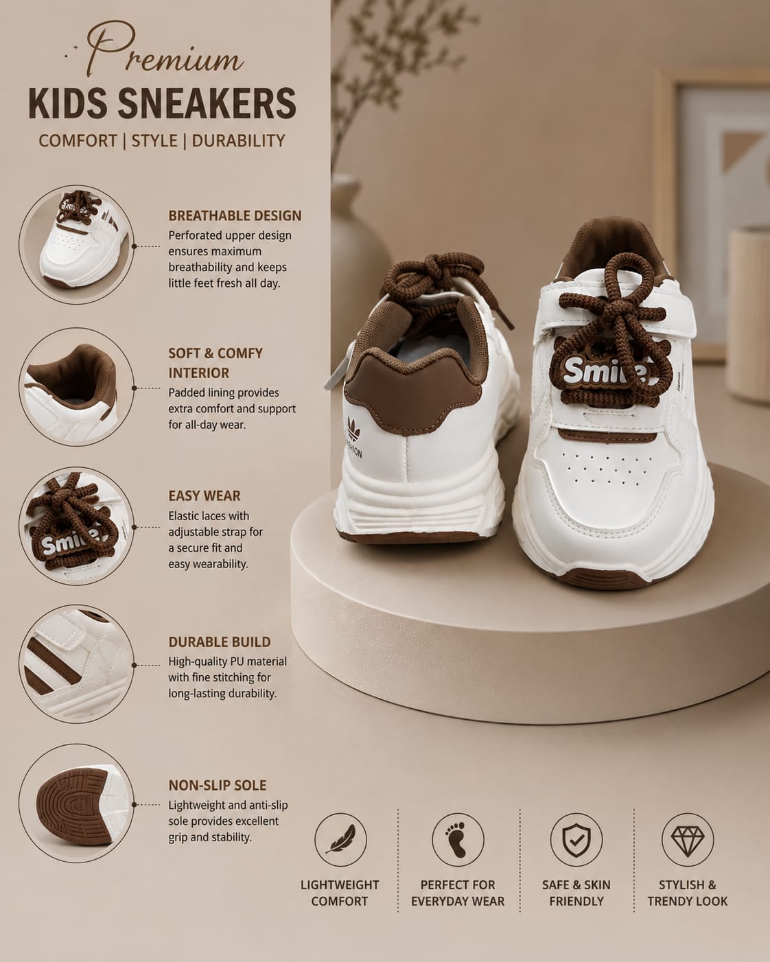 Kids Premium Casual Sneakers | White & Brown Sports Shoes (EU 32–37)