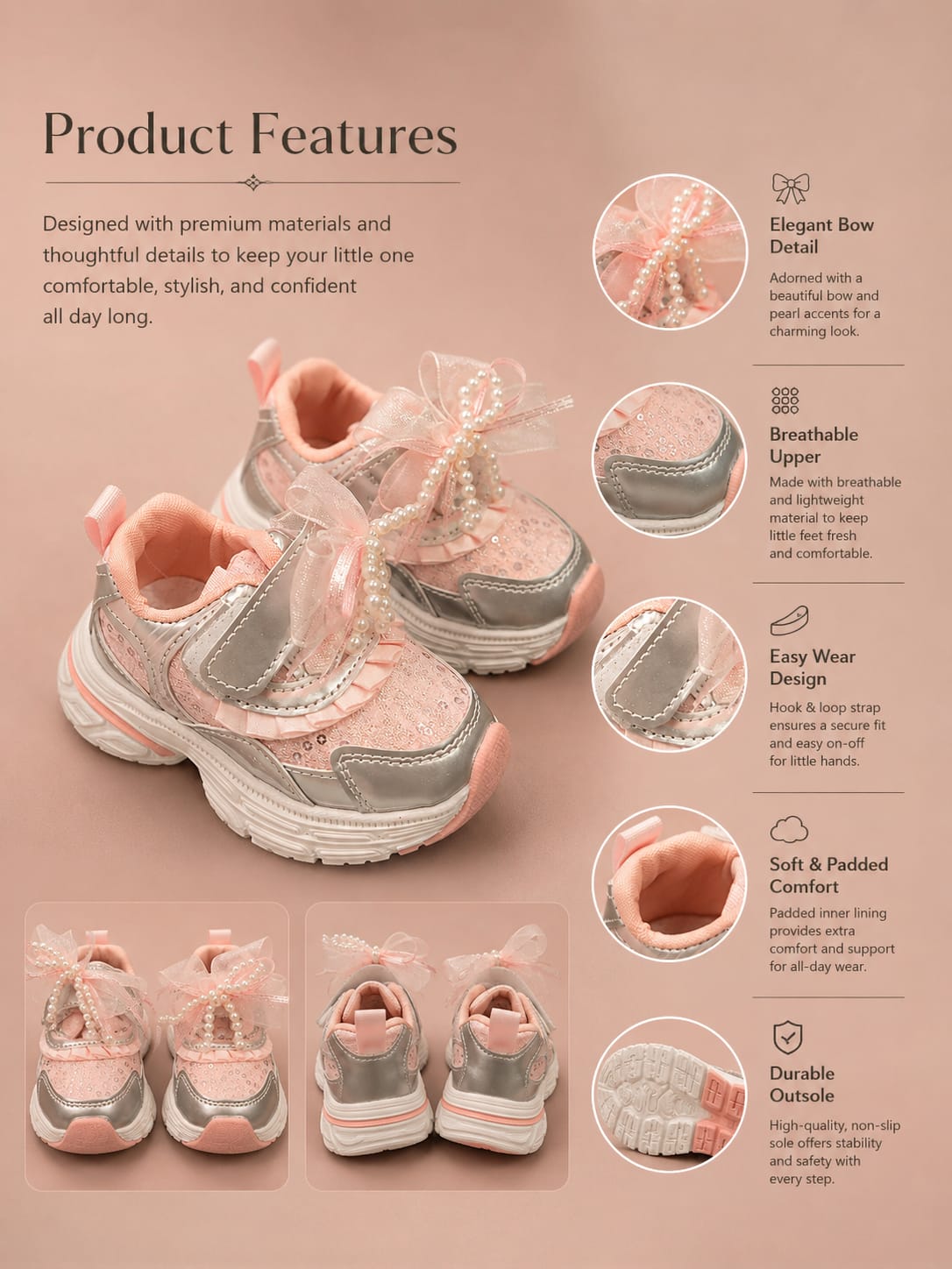 WANSTER Girls Pearl Bow Sneakers | Stylish Casual Shoes for Girls (EU 21–25)