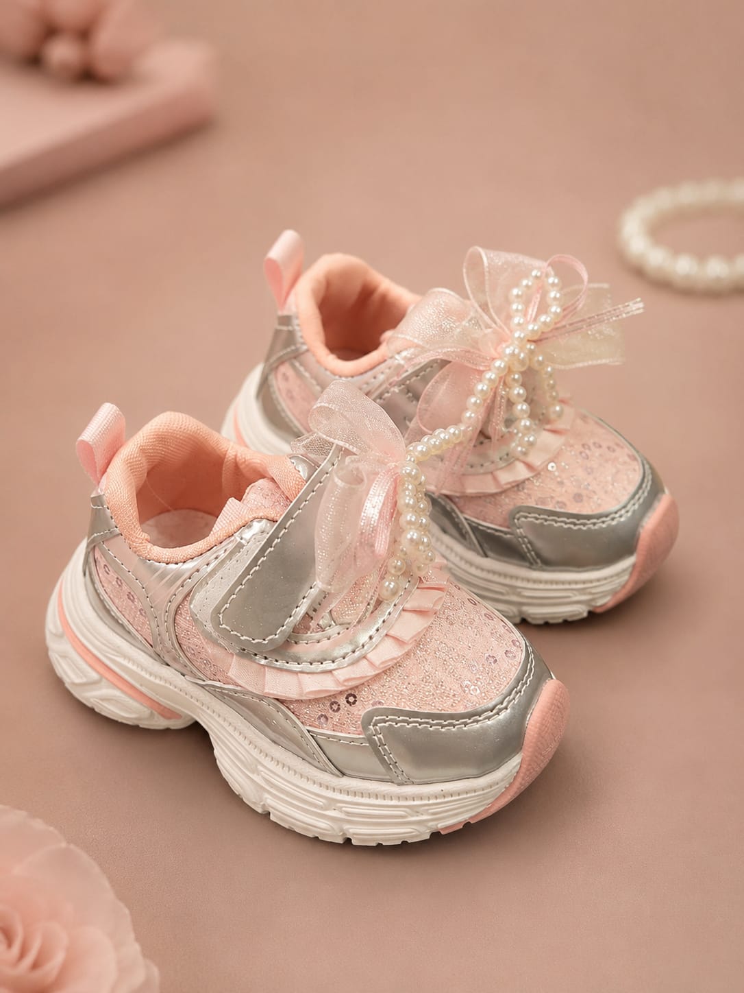 WANSTER Girls Pearl Bow Sneakers | Stylish Casual Shoes for Girls (EU 21–25)
