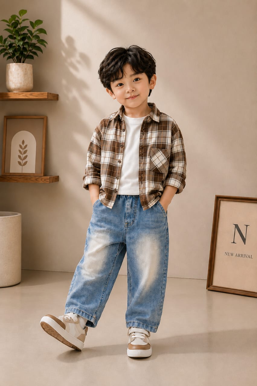 Boys 3-Piece Brown Checked Shirt, Printed T-Shirt & Denim Jeans Set | Casual Outfit | 1-5 Years