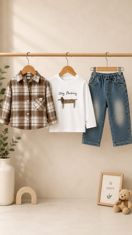 Boys 3-Piece Brown Checked Shirt, Printed T-Shirt & Denim Jeans Set | Casual Outfit | 1-5 Years