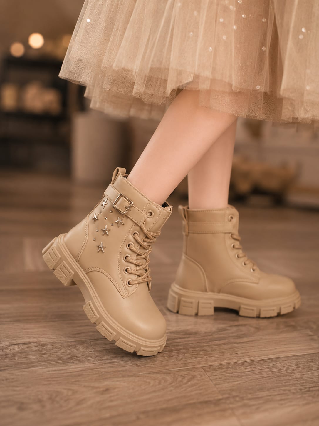 Girls Star Stud Combat Boots | Stylish Chunky Ankle Boots for Girls (EU 31–36)