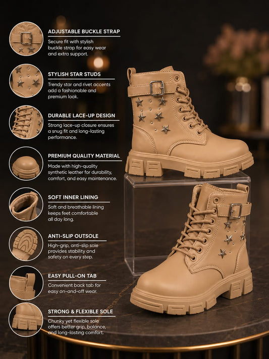 Girls Star Stud Combat Boots | Stylish Chunky Ankle Boots for Girls (EU 31–36)