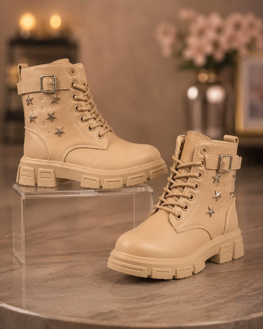 Girls Star Stud Combat Boots | Stylish Chunky Ankle Boots for Girls (EU 31–36)