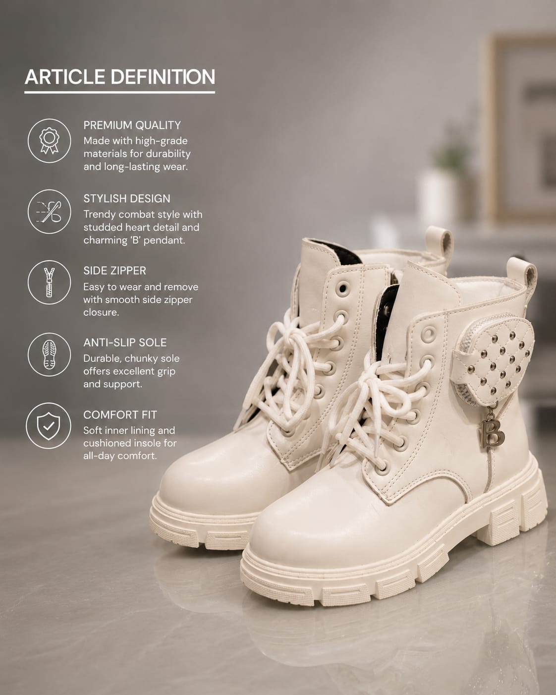 Girls Heart Pocket Combat Boots | Stylish Zip-Up Ankle Boots for Girls (EU 26–37)