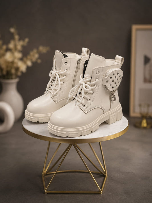 Girls Heart Pocket Combat Boots | Stylish Zip-Up Ankle Boots for Girls (EU 26–37)