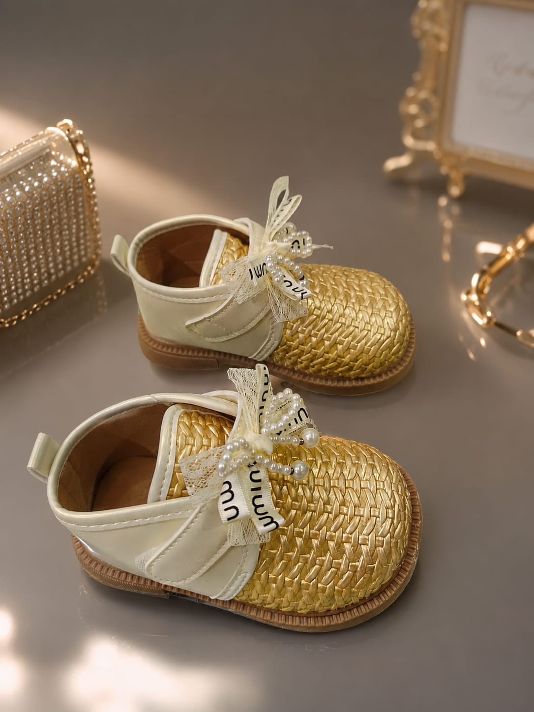 Girls Gold Woven Pearl Bow Party Shoes | Stylish Casual Shoes for Girls (EU 22–26)