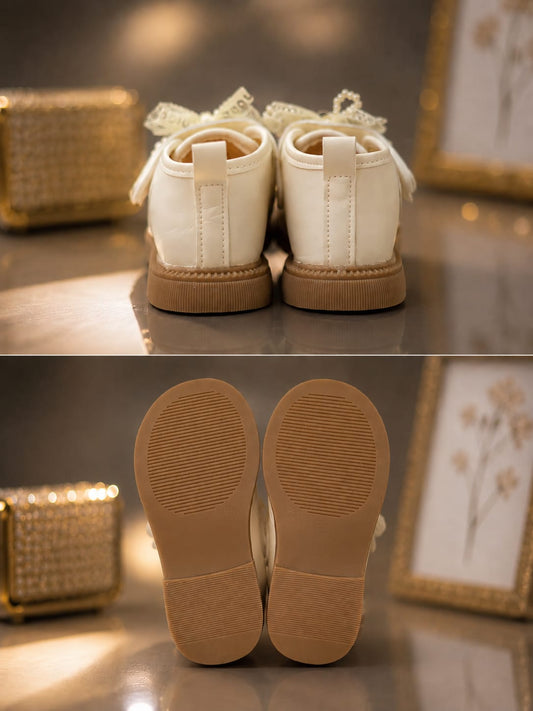 Girls Gold Woven Pearl Bow Party Shoes | Stylish Casual Shoes for Girls (EU 22–26)