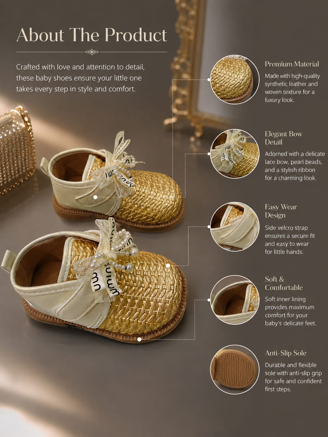 Girls Gold Woven Pearl Bow Party Shoes | Stylish Casual Shoes for Girls (EU 22–26)
