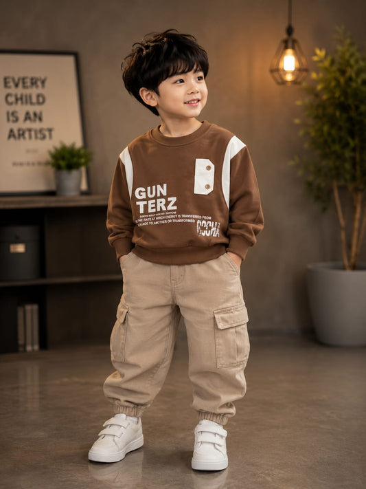 Kids Brown Graphic Print Full Sleeve Sweatshirt | Premium Casual Wear for Boys | Size 18–26