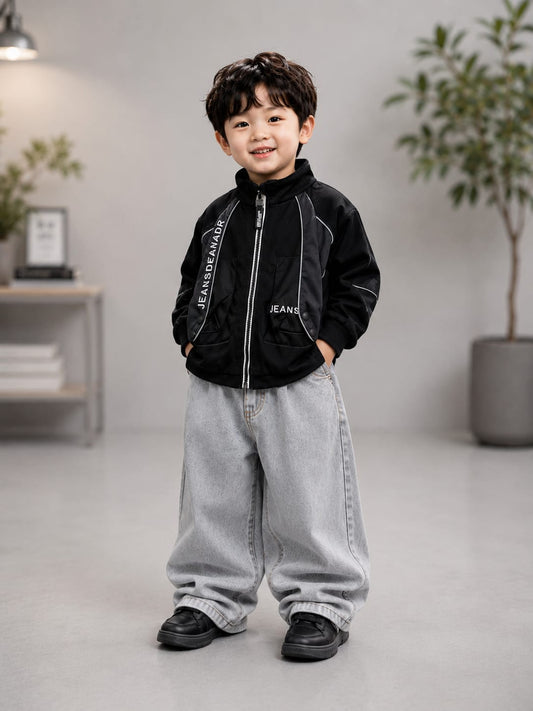 Kids Black Zip-Up Bomber Jacket | Premium Casual Jacket for Boys | Full Sleeve | Size 18–26