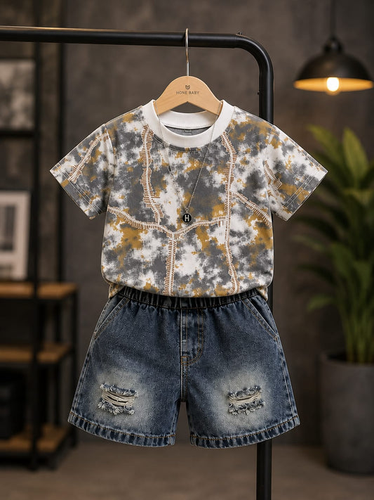 Kids 2 Pcs Printed T-Shirt & Denim Shorts Summer Cord Set | Premium Casual Outfit | Size 18–26