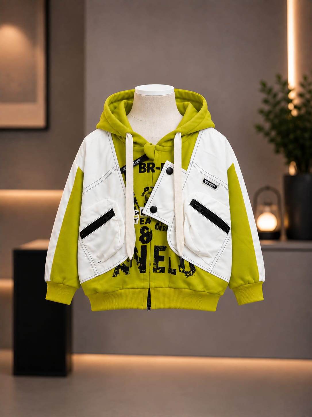 Kids Premium Hooded Utility Jacket | Stylish Casual Zip-Up Jacket for Boys | Green & White | Size 18–26
