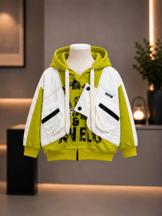 Kids Premium Hooded Utility Jacket | Stylish Casual Zip-Up Jacket for Boys | Green & White | Size 18–26