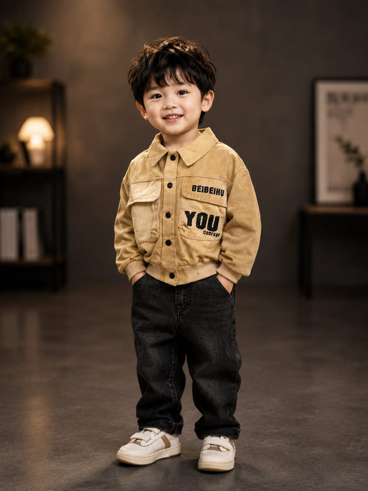Kids Premium Casual Bomber Jacket | Stylish Button-Up Jacket for Boys | Beige | Size 18–26