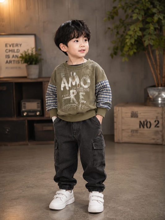 Kids Olive Green Graphic Print Full Sleeve Sweatshirt | Premium Casual Wear for Boys | Size 18–26: