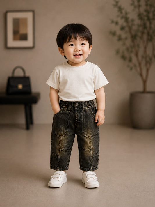WANSTER Premium Baby Boys Black Wash Denim Jeans | Soft Stretch Casual Kids Jeans | Size 6 Months–3 Years