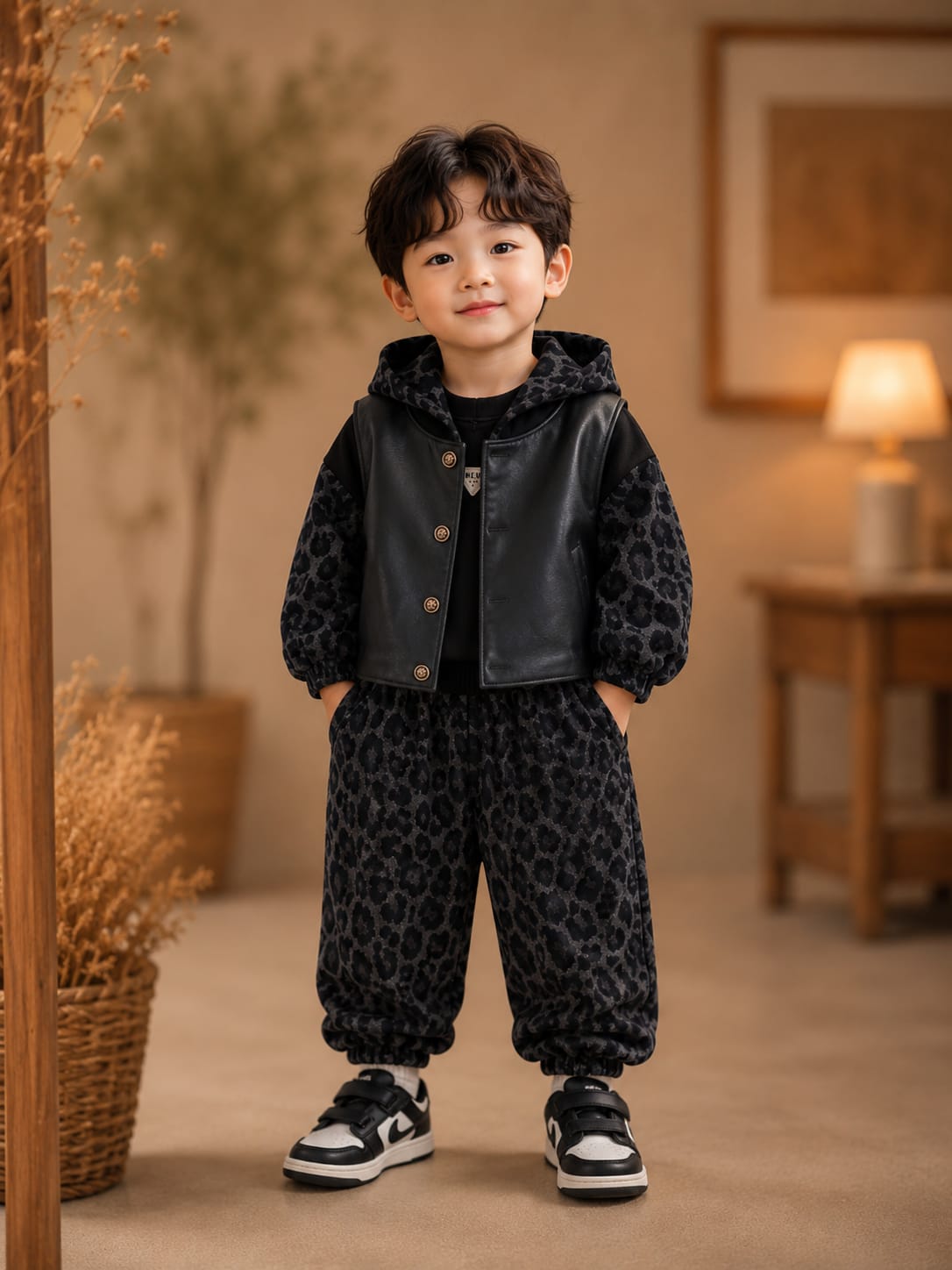 Kids 3 Pcs Leopard Print Cord Set with Faux Leather Jacket | Premium Casual Outfit | Size 18–26