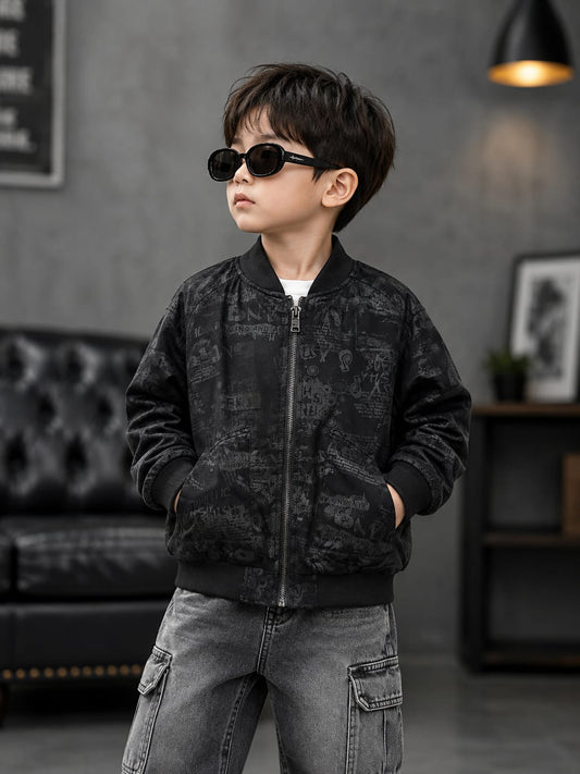 Premium Boys Black Printed Bomber Jacket | Stylish Zip-Up Casual Jacket | Size 6–12 Years