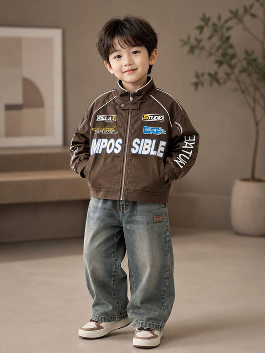 Premium Boys Brown Graphic Printed Zip-Up Jacket | Stylish Casual Jacket | Size 6–12 Years