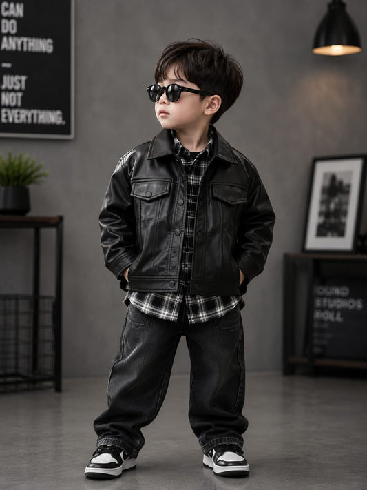 Premium Boys Black Faux Leather Jacket with Checked Shirt | Stylish Casual Jacket | Size 6–12 Years
