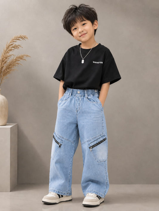 Wanster Kids Light Blue Zip Pocket Cargo Jeans | Premium Denim | Elastic Waist | 6–12 Years