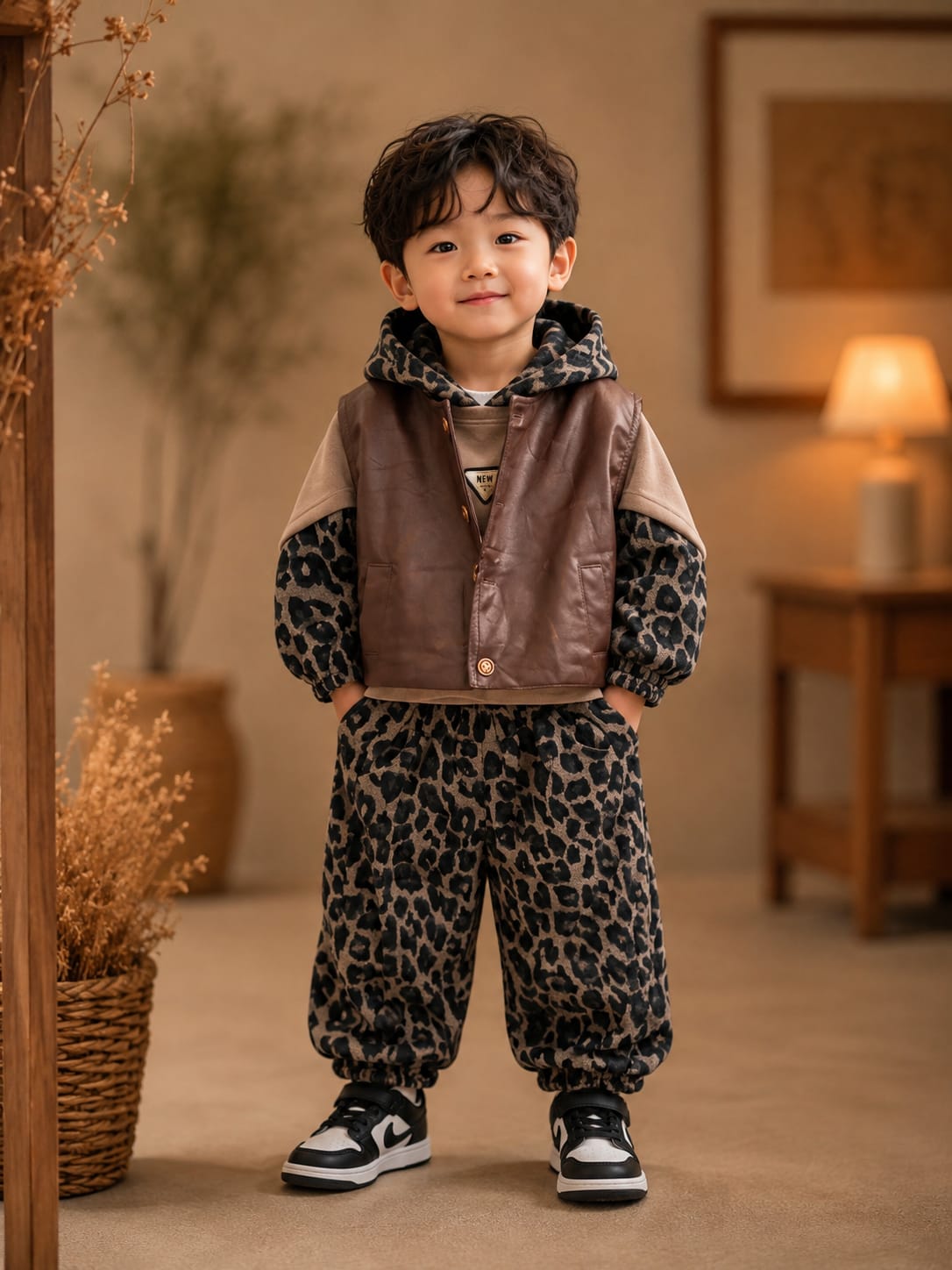 Kids Leopard Print 3-Piece Winter Co-ord Set with Faux Leather Jacket | Brown | 1-6 Years