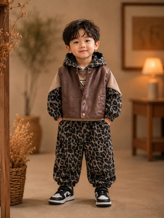 Kids Leopard Print 3-Piece Winter Co-ord Set with Faux Leather Jacket | Brown | 1-6 Years