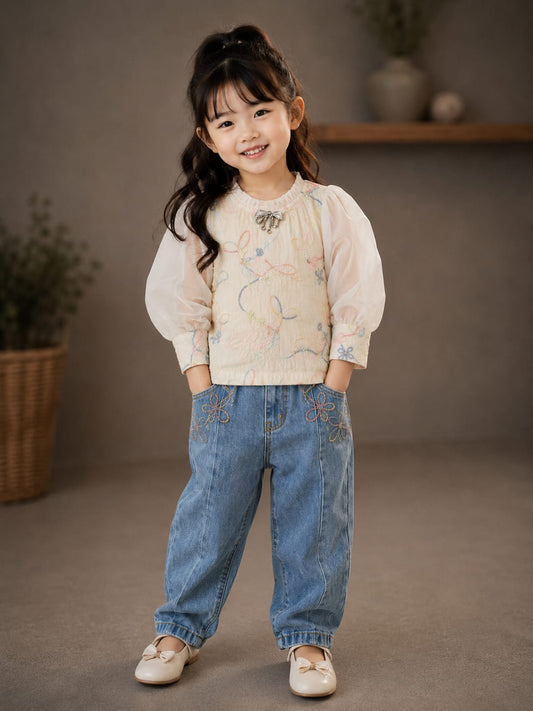 Girls Pastel Floral Embroidered Puff Sleeve Top
