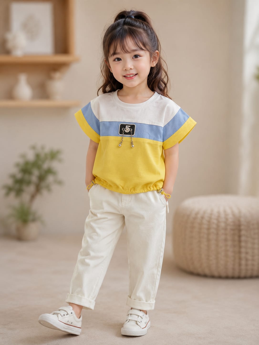 Girls Yellow & Blue Color Block T-Shirt