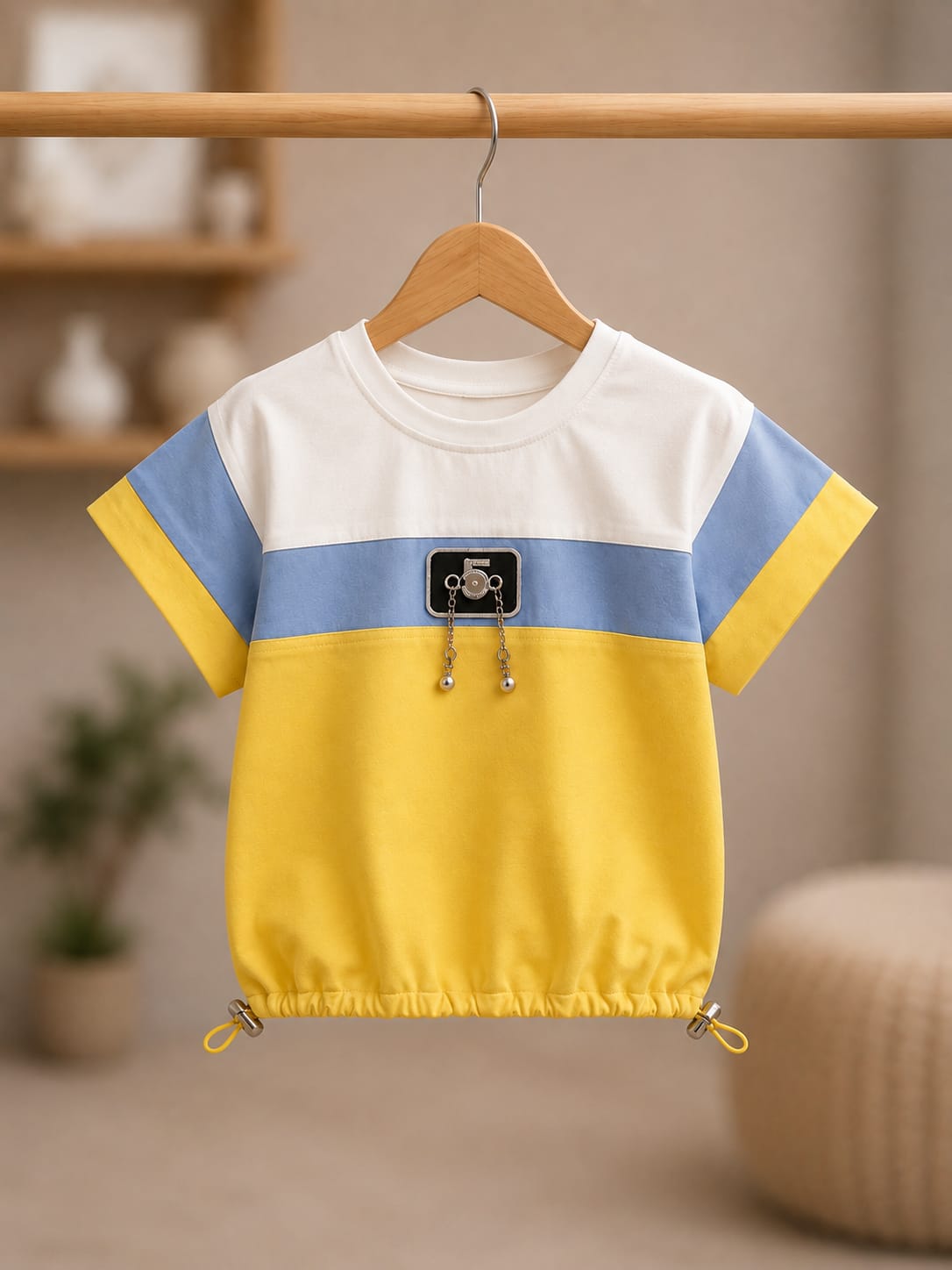 Girls Yellow & Blue Color Block T-Shirt