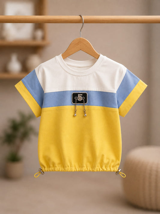 Girls Yellow & Blue Color Block T-Shirt