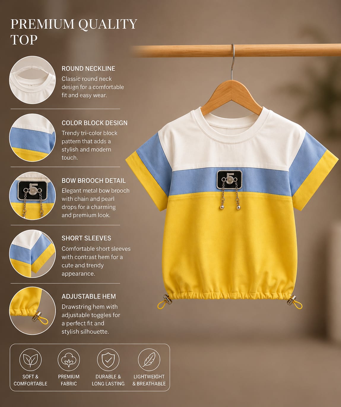 Girls Yellow & Blue Color Block T-Shirt