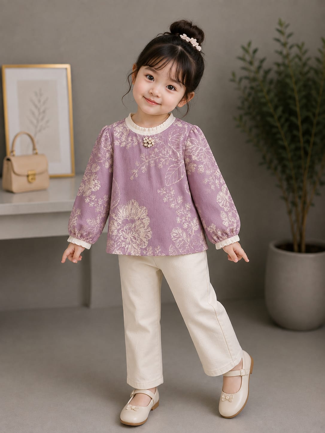Girls Lavender Floral Printed Full Sleeve Top