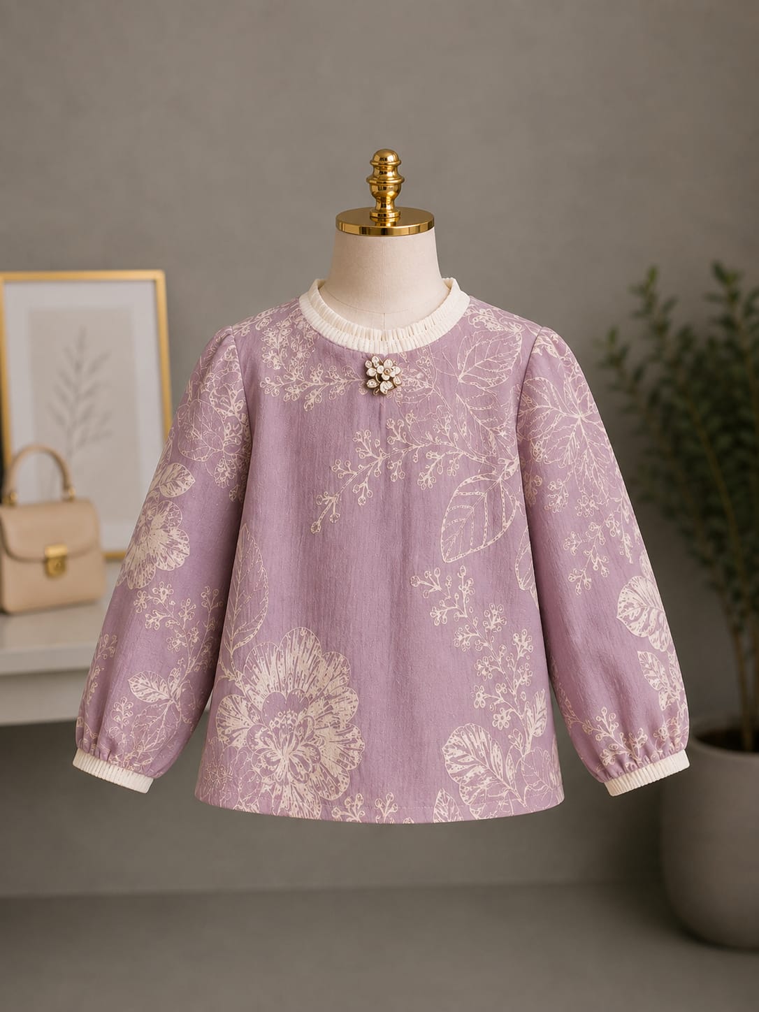Girls Lavender Floral Printed Full Sleeve Top