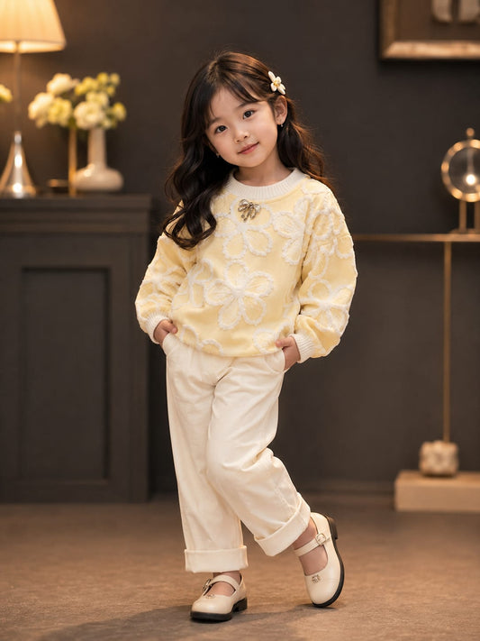 Girls Pastel Yellow Floral Embroidered Sweatshirt
