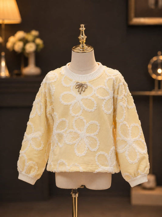 Girls Pastel Yellow Floral Embroidered Sweatshirt