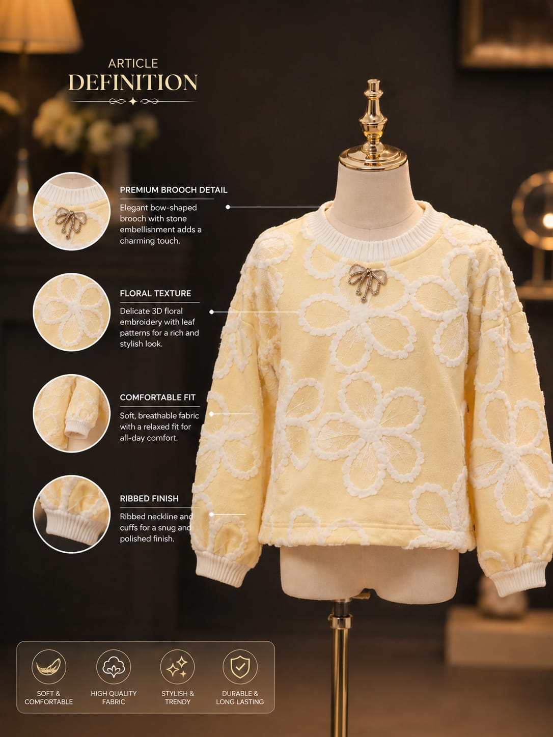 Girls Pastel Yellow Floral Embroidered Sweatshirt