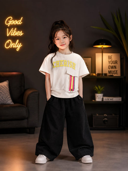 Girls White Cherish Utility Pocket T-Shirt