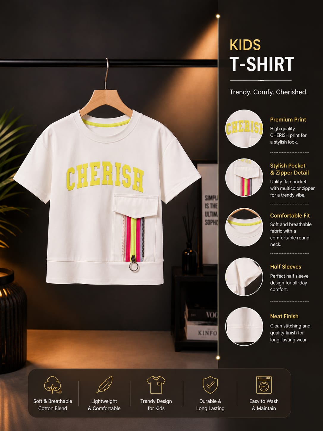 Girls White Cherish Utility Pocket T-Shirt