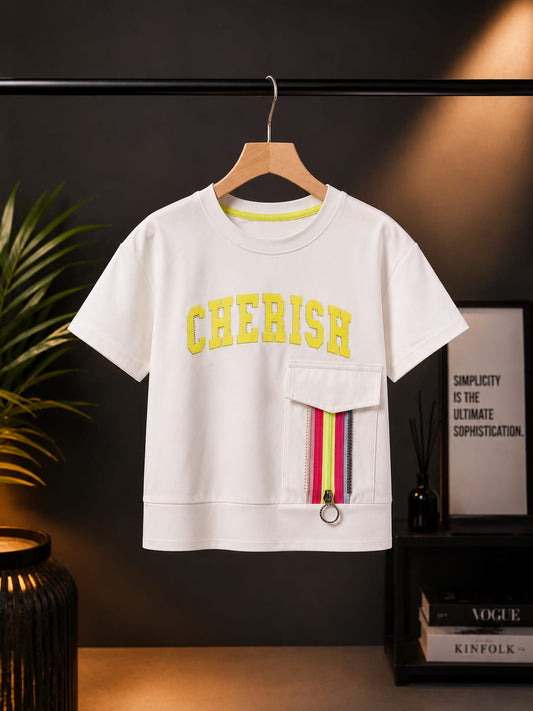 Girls White Cherish Utility Pocket T-Shirt