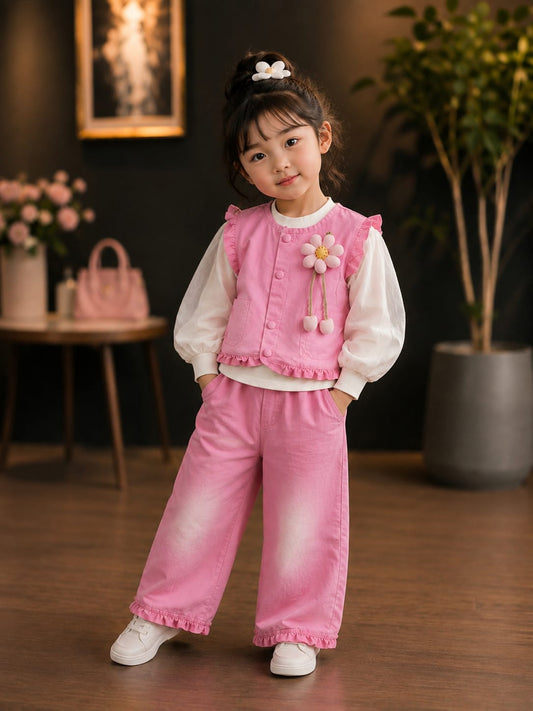 Girls Pink 3-Piece Co-Ord Set | Ruffle Vest, Full Sleeve Top & Wide Leg Pants | Size 18–26