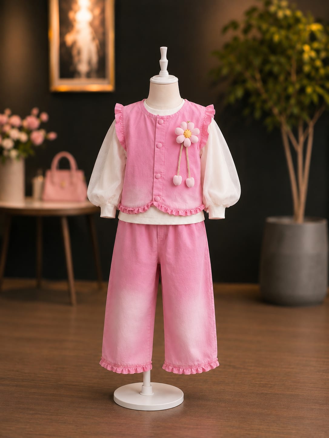Girls Pink 3-Piece Co-Ord Set | Ruffle Vest, Full Sleeve Top & Wide Leg Pants | Size 18–26
