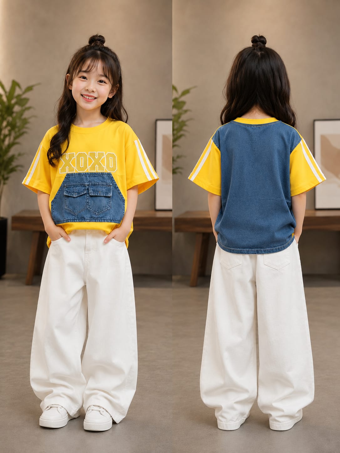 Girls Yellow XOXO Denim Pocket Graphic T-Shirt