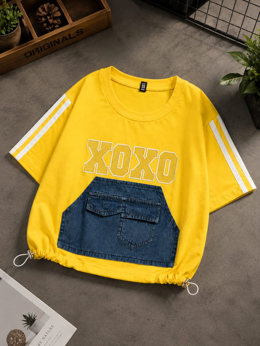 Girls Yellow XOXO Denim Pocket Graphic T-Shirt