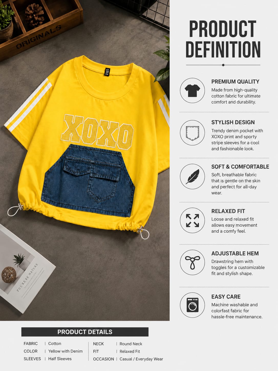 Girls Yellow XOXO Denim Pocket Graphic T-Shirt