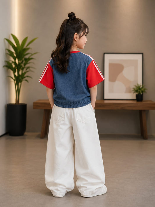 Girls Red XOXO Denim Pocket Graphic T-Shirt