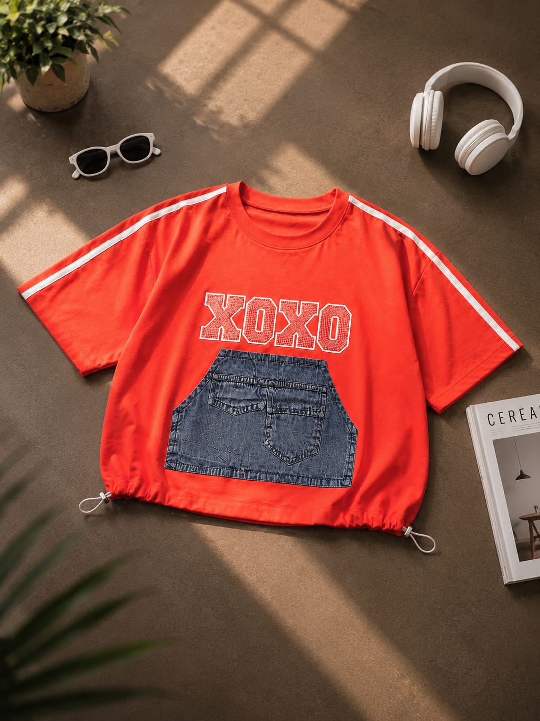 Girls Red XOXO Denim Pocket Graphic T-Shirt