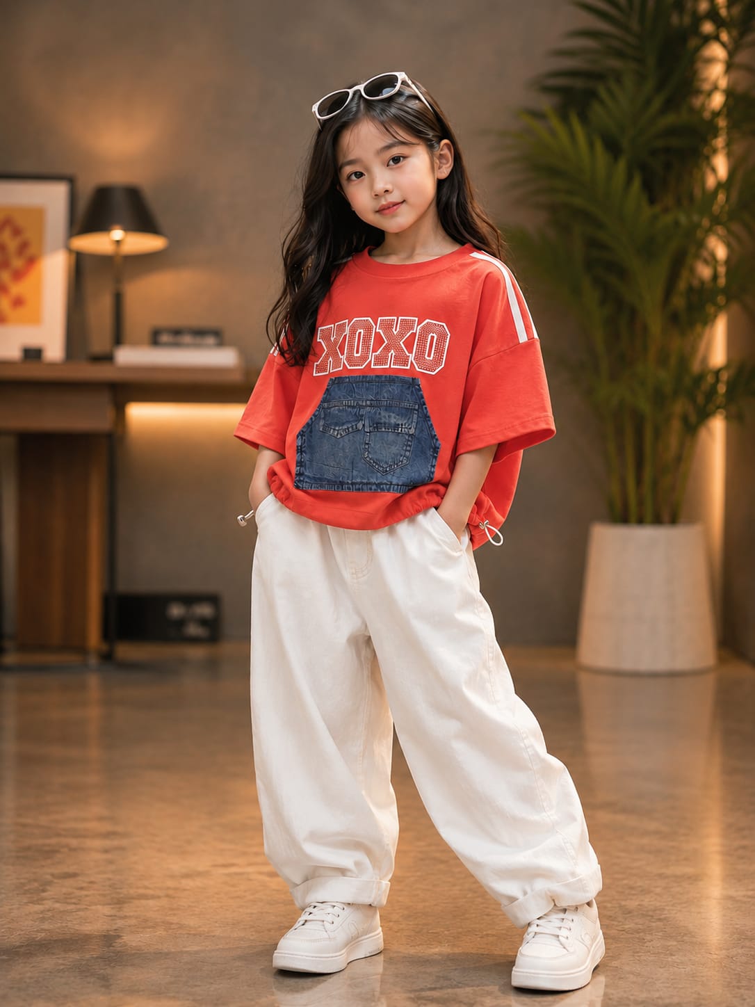 Girls Red XOXO Denim Pocket Graphic T-Shirt